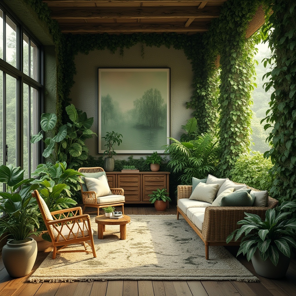 Prompt: Calming green interior, natural ambiance, plants everywhere, leafy patterns, wooden furniture, wicker chairs, earthy tones, moss-covered walls, vines crawling up, botanical prints, lush carpet, natural textiles, warm lighting, cozy atmosphere, living room, Scandinavian style, minimalist decor, floor-to-ceiling windows, plenty of natural light, serene composition.