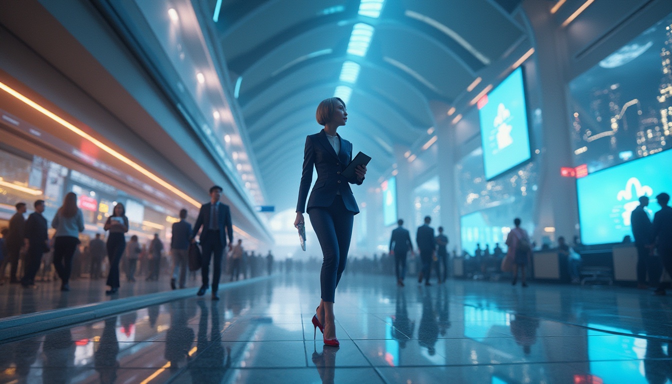 Prompt: Futuristic airport, modern architecture, sleek lines, neon lights, holographic advertisements, towering skyscrapers, bustling atmosphere, diverse crowd, businesswoman in a futuristic suit, short hair, high heels, carrying a tablet and coffee, walking swiftly, dynamic pose, shallow depth of field, vibrant colors, low-angle shot, cinematic composition, dramatic lighting, 3/4 view.