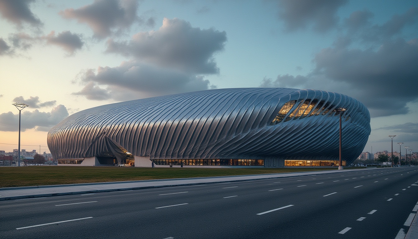 Prompt: Modern stadium, corrugated iron, curved exterior, silver metallic material, industrial texture, futuristic structure, angular lines, dynamic composition, low-angle shot, dramatic lighting, cloudy sky, urban landscape, bustling cityscape, evening atmosphere, warm color tone, cinematic mood.