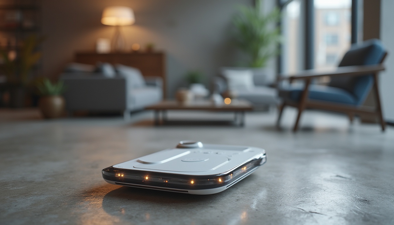 Prompt: Modern product design, plastic material, futuristic, sleek lines, metallic accents, glowing LED lights, transparent components, reflective surfaces, ergonomic grip, wireless charging pad, minimalist aesthetic, Scandinavian-inspired furniture, urban loft setting, concrete floor, industrial-chic background, softbox lighting, shallow depth of field, 3/4 composition.