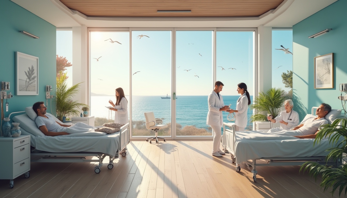 Prompt: Coastal healthcare center, modern architecture, large glass windows, ocean view, warm sunlight, calm atmosphere, professional medical staff, white coats, stethoscopes, nurses with gentle smiles, patients relaxing in comfortable beds, IV tubes, medical equipment, soft blue walls, wooden floors, beach-themed decorations, seashells, driftwood, plants with ocean-inspired vases, panoramic view of the coastline, sailboats in the distance, sea gulls flying overhead, soft focus on the center's logo, warm color palette, shallow depth of field, natural lighting.