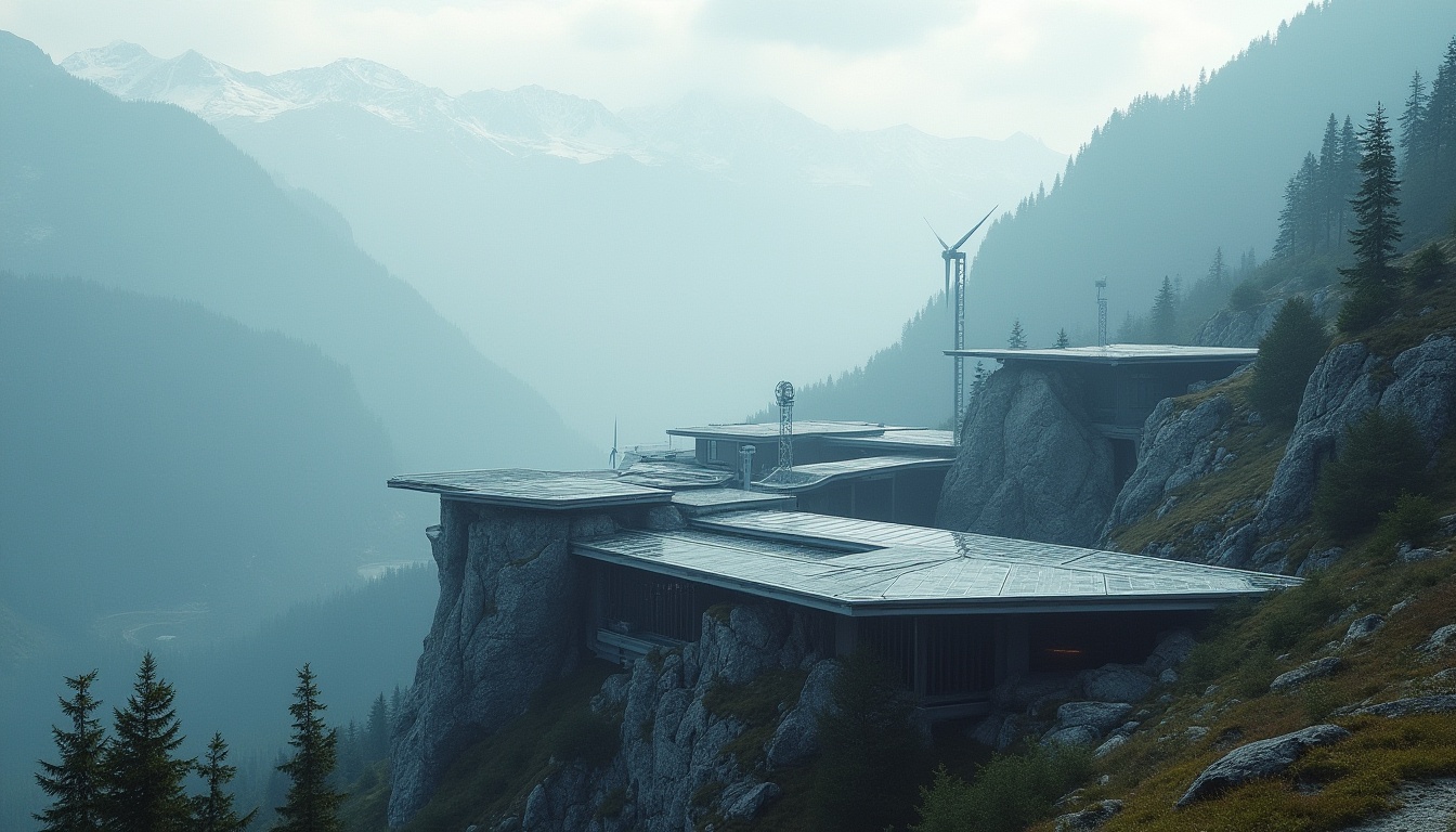 Prompt: Mountainous energy plant, futuristic architecture, sloping roofs, solar panels, wind turbines, hydroelectric power generation, rugged terrain, misty atmosphere, rocky cliffs, coniferous trees, snow-capped peaks, distant valleys, cloudy sky, soft misty lighting, atmospheric perspective, cinematic composition, 3/4 view, ambient occlusion.