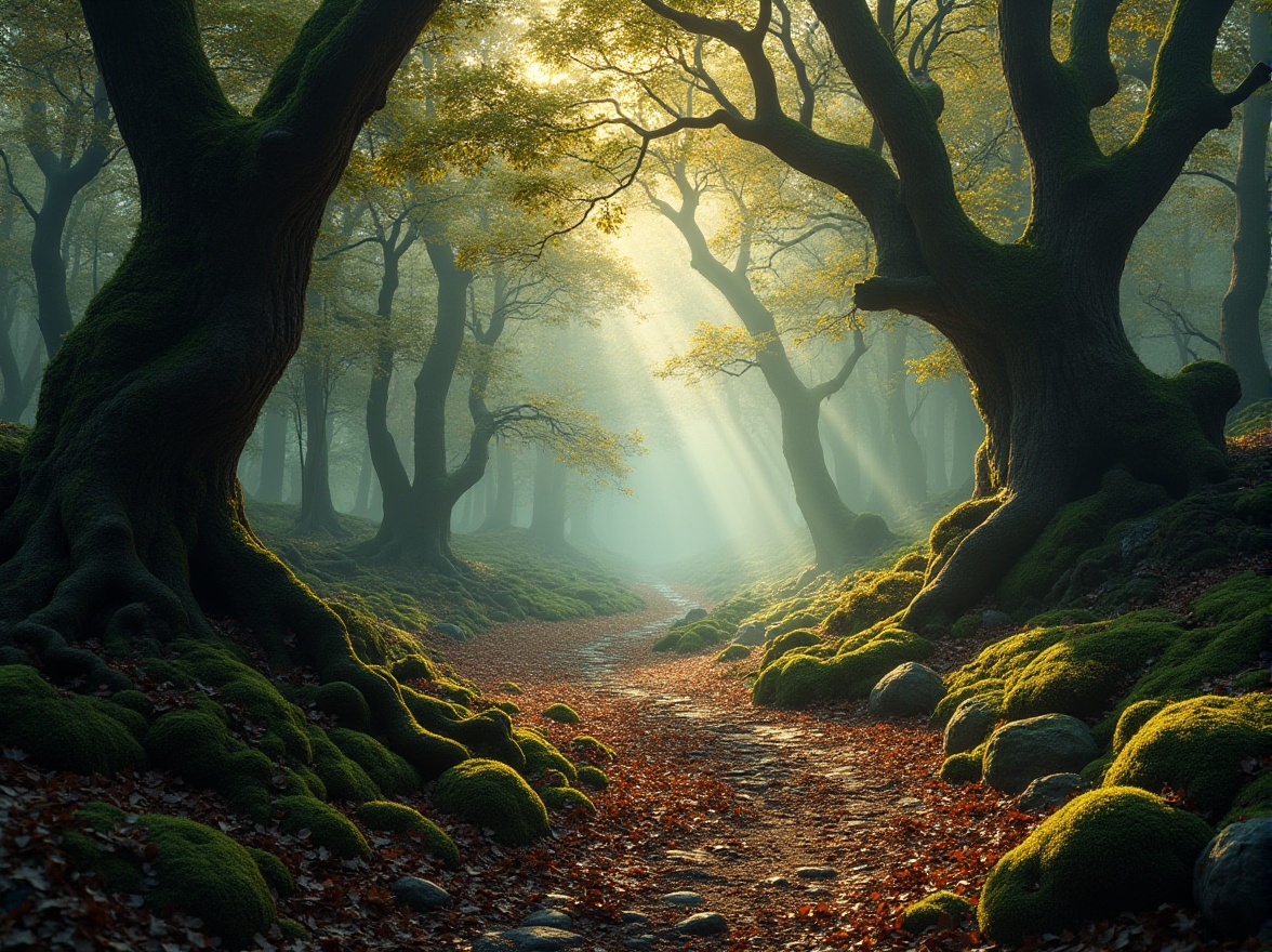 Prompt: Mystical forest, afternoon sunlight filtering through dense foliage, towering trees with gnarled branches, vines crawling up trunks, fallen leaves carpeting the ground, a serene misty atmosphere, warm soft lighting, moss-covered ancient stones, twisted roots, a winding dirt path disappearing into the woods, few birds singing in harmony, a gentle brook babbles softly, a sense of tranquility, 3/4 composition, cinematic depth of field, natural colors, detailed textures.