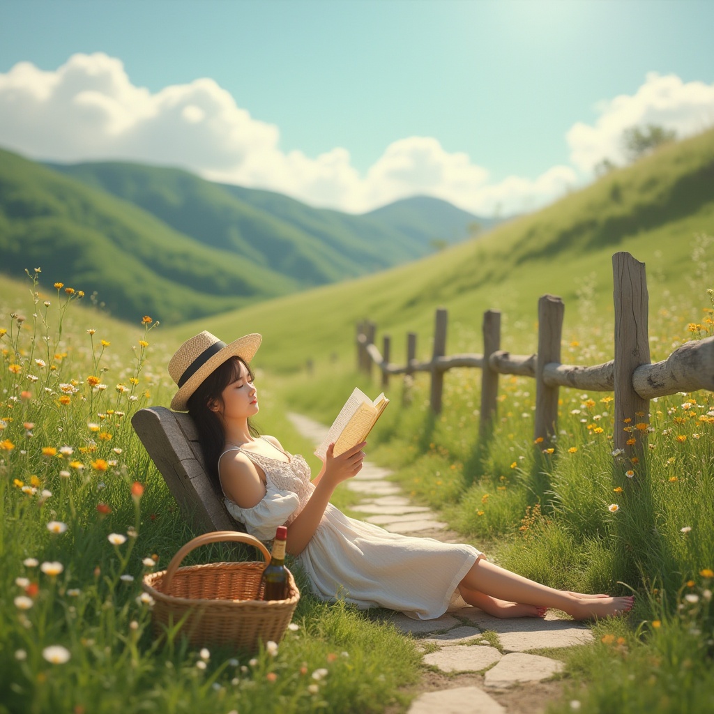 Prompt: Meadow concept, serene atmosphere, natural setting, green grass, colorful wildflowers, gentle hills, sunny day, warm lighting, soft breeze, few puffy white clouds, a winding stone path, wooden fence, rustic bench, solo girl, 18yo, casual outfit, flowy sundress, straw hat, bare feet, relaxed pose, reading book, lying down, picnic basket, wine bottle, romantic ambiance, soft focus, warm color palette, cinematic composition, shallow depth of field.