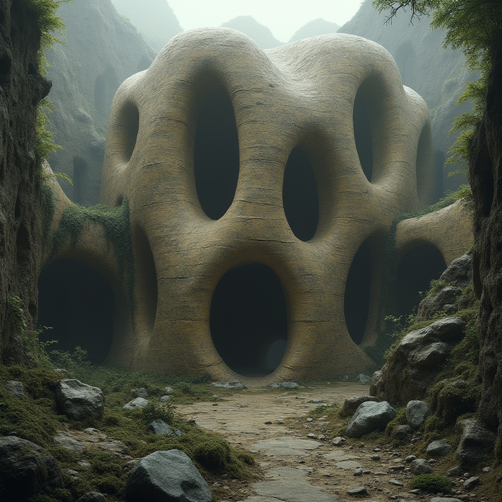 Prompt: Blob-like architecture, futuristic building, irregular shape, masonry material, rough stone texture, earthy tone, abstract structure, organic form, flowing curves, irregular angles, natural light, warm ambiance, atmospheric mist, mysterious atmosphere, ancient ruin, abandoned site, overgrown vegetation, vines crawling up walls, moss covering stones, dramatic spotlight, low-key lighting, cinematic composition, 3/4 view, high contrast, rich details, realistic rendering.