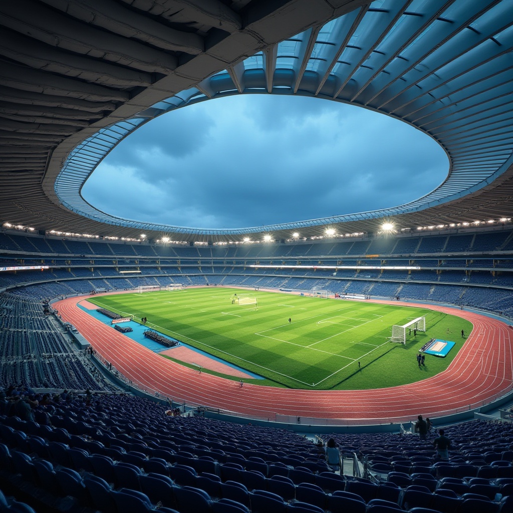 Prompt: Modern sports stadium, streamline design, dynamic curves, metallic materials, sleek lines, vibrant colors, athletic tracks, soccer field, football goalposts, scoreboard, grandstand seating, floodlights, evening atmosphere, dramatic shadows, low-angle shot, wide-angle lens, 3/4 composition, shallow depth of field, contrast lighting, futuristic ambiance.