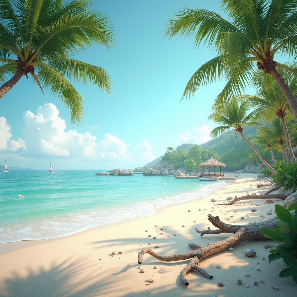 Prompt: Coastal scenery, pastel mint color, calm ocean waves, sandy beach, palm trees swaying gently, driftwood, seashells, pebbles, beach hut, wooden dock, sailboats, clear blue sky, soft white clouds, warm sunlight, 3/4 composition, panoramic view, shallow depth of field, refreshing atmosphere, calming ambiance, natural textures, subtle color palette.