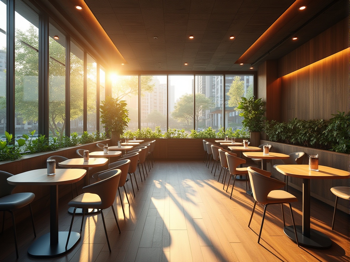 Prompt: Modern coffee shop interior, minimalist style, fiberglass tables, rounded edges, glossy finish, paired with metal legs, ergonomic chairs, upholstery fabric, wooden accent walls, greenery, potted plants, natural light pouring through large windows, urban cityscape outside, morning sunlight, warm ambient lighting, shallow depth of field, 3/4 composition, cinematic color grading.