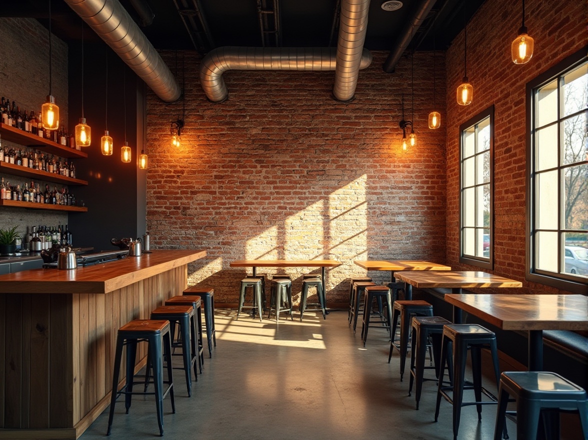 Prompt: Brick wall, modern pub interior, industrial chic, exposed ductwork, wooden accents, reclaimed wood tables, metal stools, pendant lighting, warm ambient glow, afternoon sunbeam, shallow depth of field, rustic texture, earthy tone, urban atmosphere, 3/4 composition, low-angle shot, dramatic shadows.