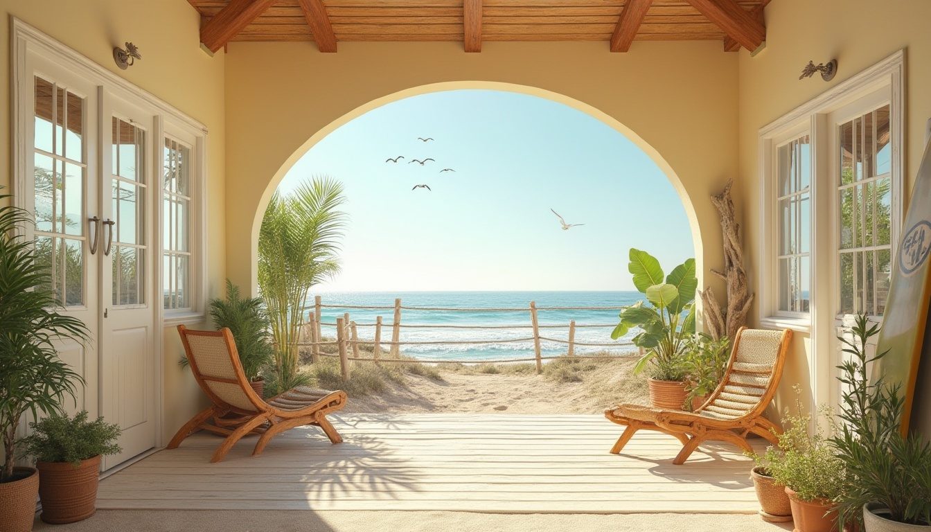 Prompt: Coastal architecture, beach house, light yellow walls, white windows, wooden door, potted plants, outdoor seating area, ocean view, sunny day, soft warm lighting, gentle sea breeze, seagulls flying overhead, sandy dunes, beach towels scattered, surfboards leaning against wall, nautical rope railing, driftwood decorations, seaside resort, tropical atmosphere, bright and airy interior, large glass windows, minimal modern furniture, natural textures, calming ambiance.