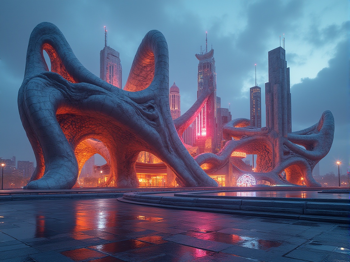 Prompt: Surreal constructivist monument, futuristic architecture, irregular shapes, abstract patterns, vibrant colors, neon lights, metallic materials, reflective surfaces, angular pillars, twisted arches, abstract sculptures, urban landscape, cityscape, modern city, evening atmosphere, soft glow lighting, dramatic shadows, wide-angle lens, panoramic view, 3/4 composition.