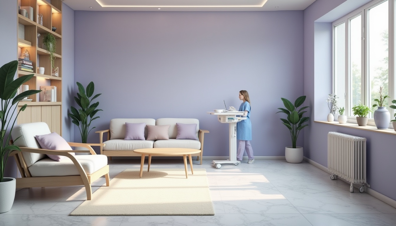 Prompt: Calming healthcare interior, lavender blue accent wall, soft cushions, gentle curves, minimalist furniture, natural wood tone, plants with green leaves, warm lighting, cozy reading nook, comfortable seating area, soothing ambiance, serene atmosphere, medical equipment with sleek design, soft blue uniforms, gentle nurse's smile, subtle patterned flooring, peaceful waiting area, relaxing music background, calming color scheme, modern healthcare facility.