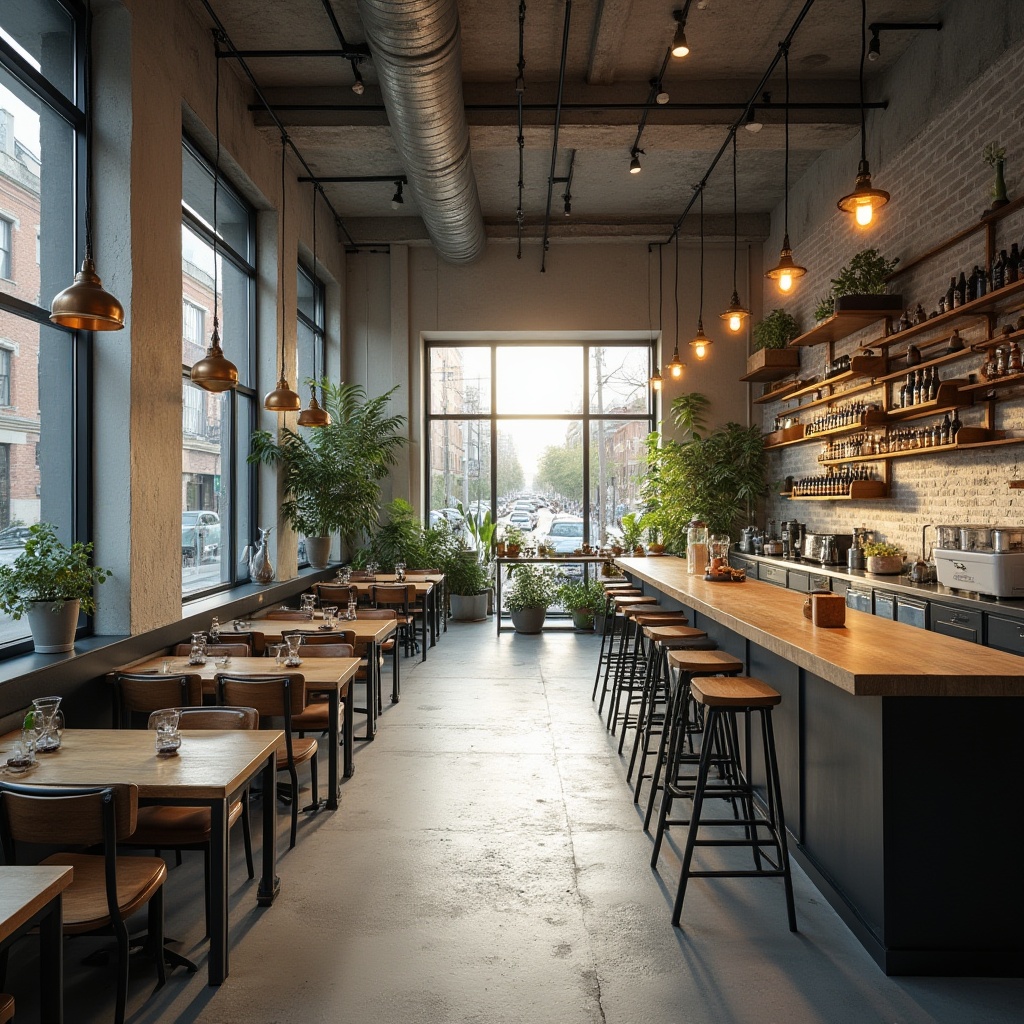 Prompt: Urban coffee shop, industrial chic, light gray tone, exposed brick wall, metal beams, wooden tables, minimalist decor, modern chairs, pendant lamps, greenery, plants on shelves, natural stone floor, concrete ceiling, large windows, city view, busy street scene, morning sunlight, soft warm lighting, shallow depth of field, 3/4 composition.