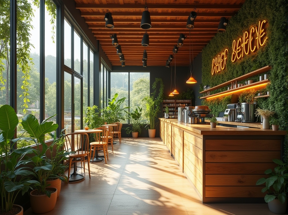 Prompt: Eco-friendly coffee shop, modern minimalist interior, large windows, natural lighting, reclaimed wood accents, living green walls, recycled glass decorations, bamboo flooring, energy-efficient equipment, composting system, recycling bins, outdoor seating area, urban garden, vertical planters, native plants, sunny afternoon, warm ambient lighting, shallow depth of field, 3/4 composition.