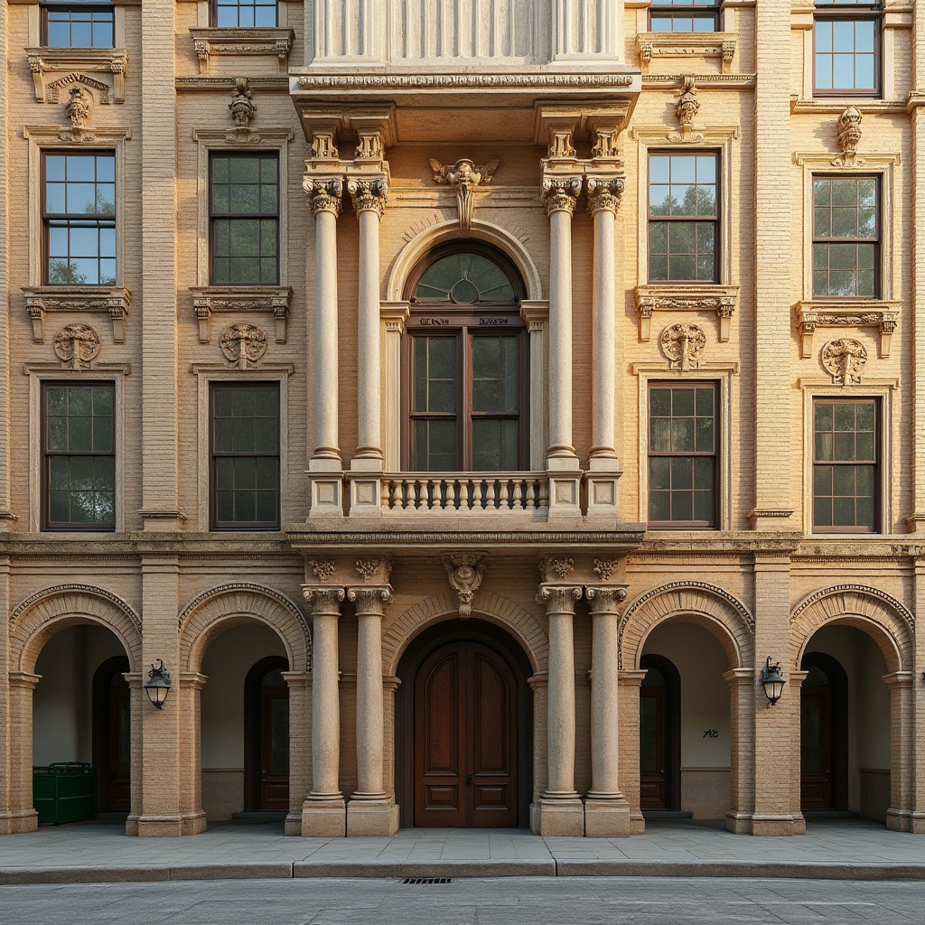 Prompt: Classic architectural design, brick material, building facade, ornate details, arches, columns, symmetrical composition, warm beige color tone, rustic texture, weathered effect, subtle cracks, mortar joints, traditional craftsmanship, historical landmark, urban setting, afternoon sunlight, soft shadows, 3/4 camera angle, realistic rendering.