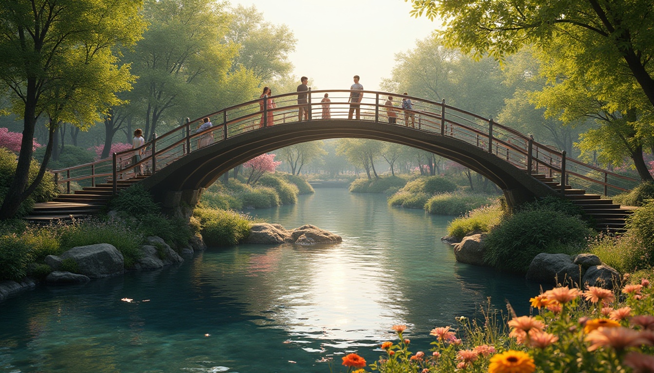 Prompt: Integrating pedestrian bridges, modern architecture, curved lines, wooden planks, metal railings, lush greenery surroundings, vibrant flowers, serene lake, rippling water reflections, warm sunlight, soft shadows, 3/4 composition, slight low-angle shot, natural scenery, peaceful atmosphere, ambient light.