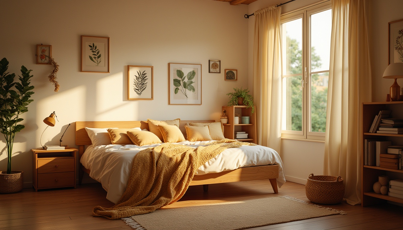 Prompt: Cozy dorm interior, amber color scheme, warm glow, wooden furniture, comfortable bed, plush pillows, soft blanket, desk lamp, books, papers, gentle curve lines, natural texture, woven basket, vintage rug, creamy white walls, large window, greenery view, afternoon sunlight, soft shadow, 3/4 composition, warm lighting.