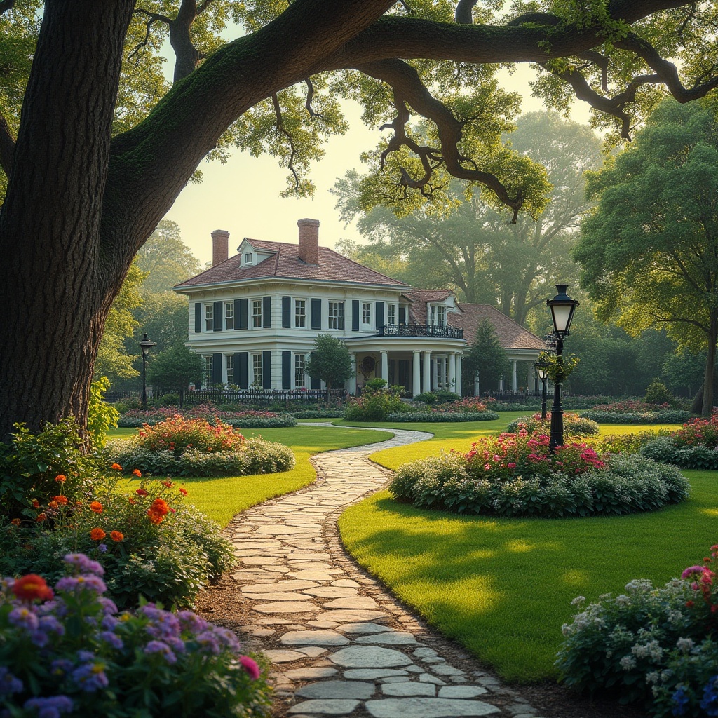 Prompt: Classic homes, beautiful gardens, lush green lawns, vibrant colorful flowers, stone pathways, ornate iron fences, symmetrical compositions, majestic oak trees, garden benches, lanterns, soft warm lighting, afternoon sun, serene atmosphere, natural textures, elegant details.