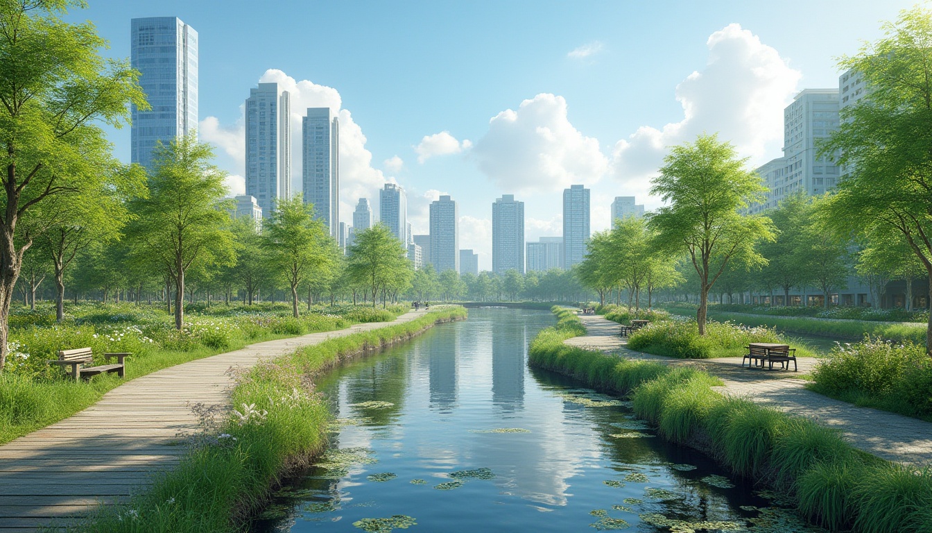 Prompt: Urban wetland design, ecological balance, serene atmosphere, lush greenery, water features, walking paths, urban skyscrapers, cityscape, sunny day, clear blue sky, gentle breeze, natural habitat, wildlife conservation, educational signs, benches, wooden bridges, shallow waters, aquatic plants, reflective surface, soft lighting, 3/4 composition, panoramic view.