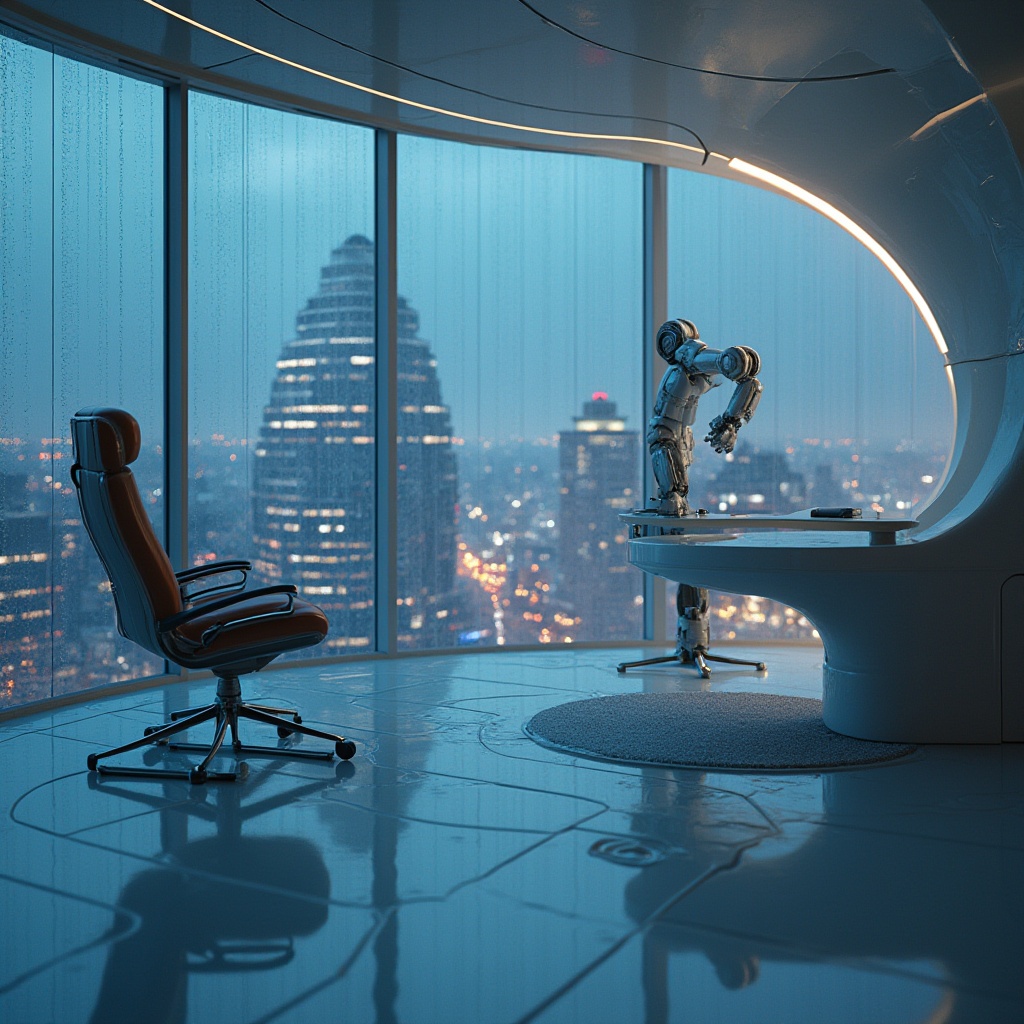 Prompt: Polycarbonate material, futuristic design, transparent walls, sleek curves, modern architecture, urban cityscape, skyscraper, neon lights reflection, evening atmosphere, raindrops on surface, glossy finish, metallic accents, minimalist interior, ergonomic chair, curved desk, LED lighting, 3/4 composition, cinematic angle, high-tech gadget, robot arm, robotic design, futuristic laboratory.