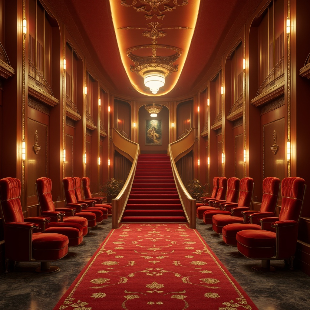 Prompt: Streamline Moderne Cinema, luxurious interior, elegant curves, metallic accents, velvet seats, red carpet, golden lighting fixtures, high ceiling, grand staircase, ornate details, minimal ornaments, futuristic atmosphere, 1930s inspiration, retro-futuristic decor, symmetrical composition, low-angle shot, dramatic shadows, warm color palette, cinematic ambiance, art deco patterns, marble floors, sleek lines, geometric shapes.