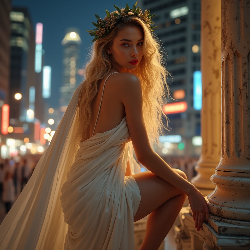 Prompt: Ancient Greek goddess, modern cityscape, marble skin, golden hair, laurel wreath, elegant white toga, flowing silk cape, high heels, smartphone, earbuds, bold red lipstick, subtle blush, strong jawline, confident pose, leaning on ancient column, neon lights reflecting off glass skyscrapers, bustling streets, vibrant nightlife, warm golden lighting, cinematic composition, shallow depth of field.