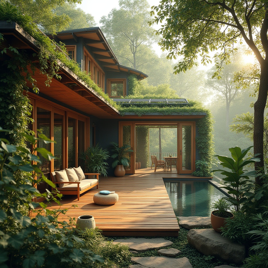 Prompt: Eco-friendly, sustainable architecture, modern villa, surrounded by lush greenery, vines crawling up walls, solar panels on roof, large windows for natural light, wooden deck overlooking a serene forest, minimalist interior design, reclaimed wood furniture, potted plants, earthy tones, natural textiles, woven baskets, organic shapes, flowing curves, 3/4 composition, warm soft lighting, morning sunbeams filtering through leaves.