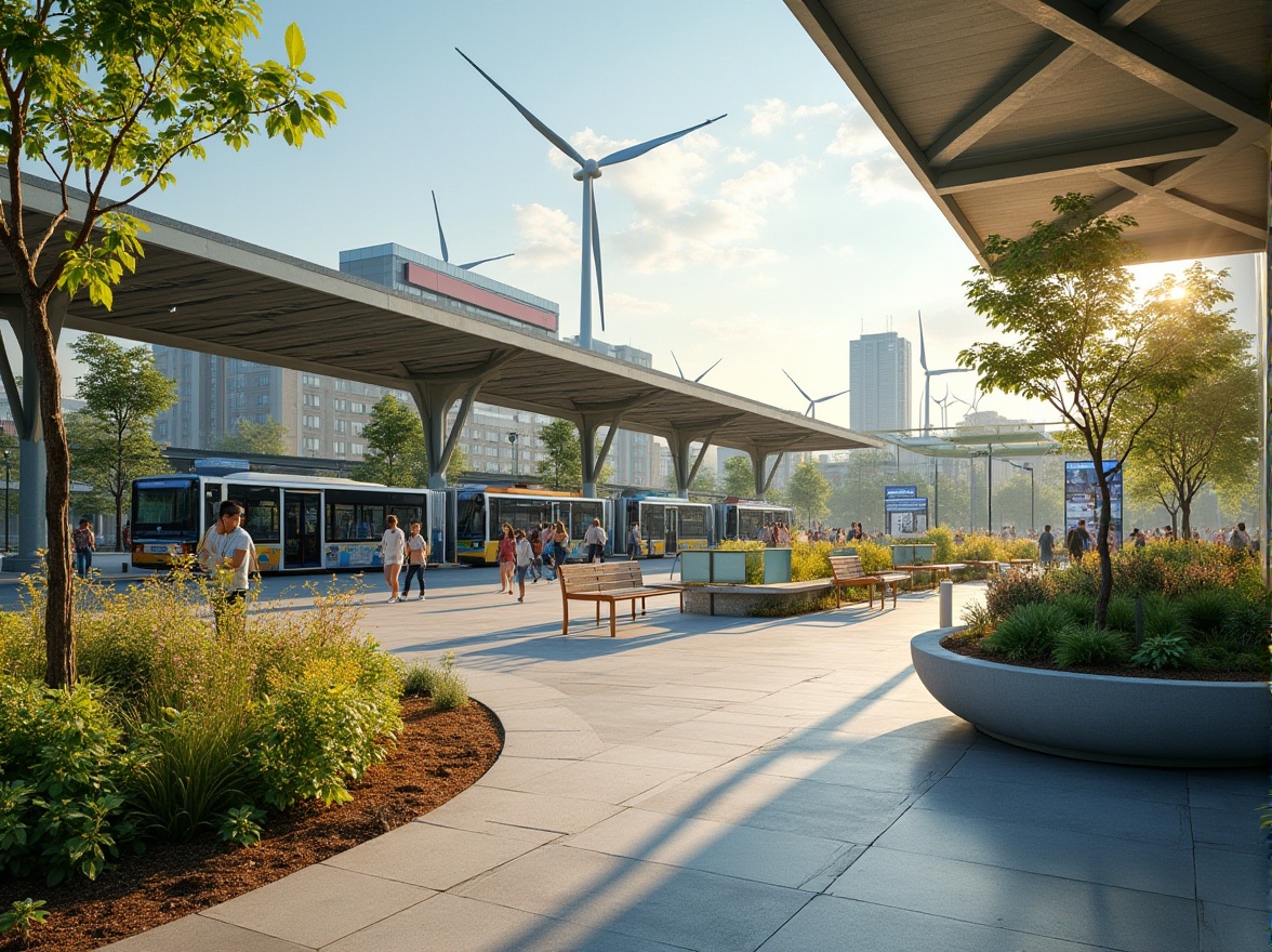 Prompt: Modern bus station, eco-friendly architecture, green roofs, solar panels, wind turbines, energy-efficient lighting, recycling facilities, public art installations, vibrant urban garden, diverse flora, benches made of recycled materials, community bulletin board, LED display screens, dynamic angles, low-angle shot, 3/4 composition, natural light, soft shadows, warm colors, morning sunlight, bustling city atmosphere.