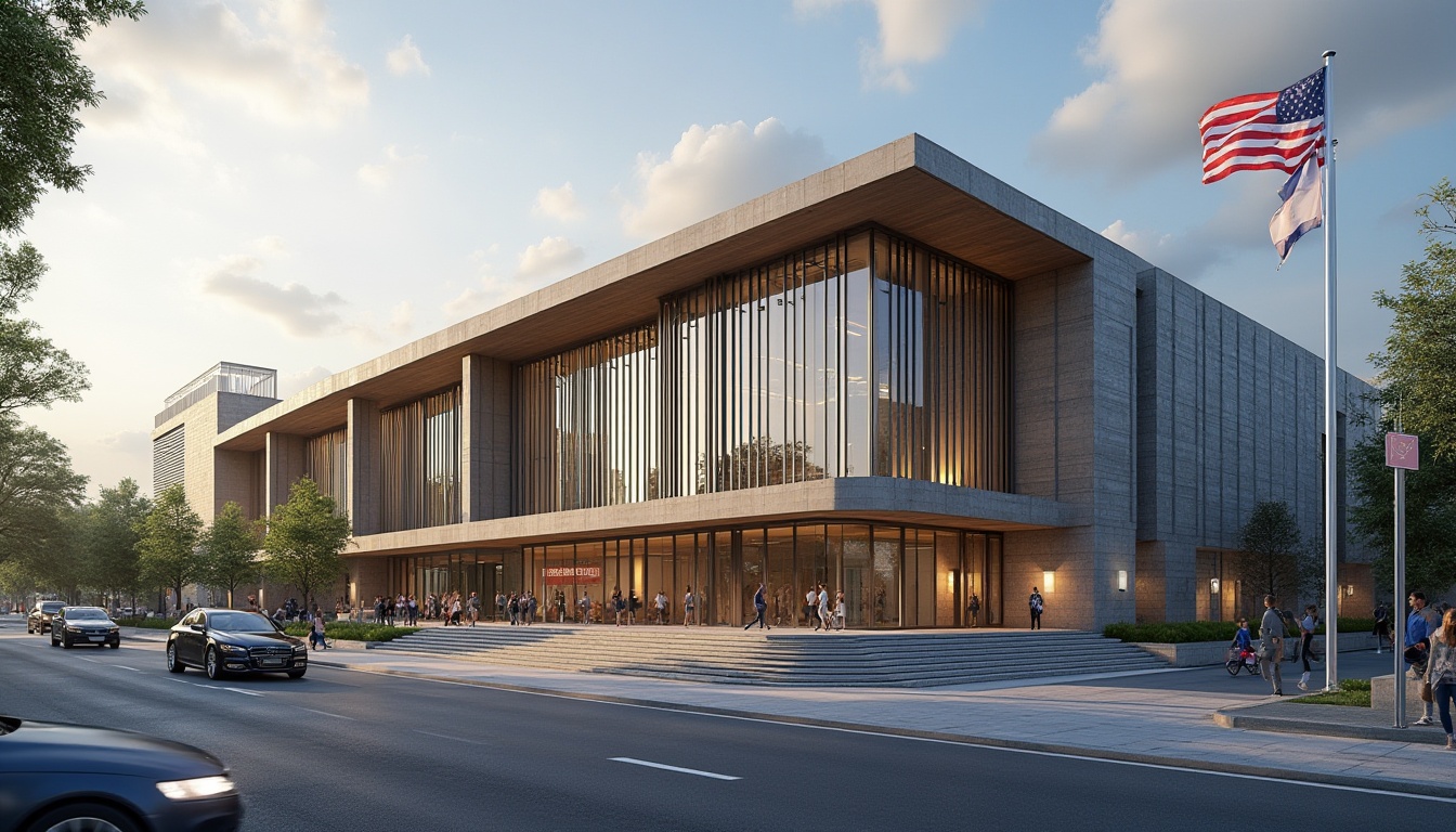 Prompt: Modern courthouse building, fusion architecture style, large glass windows, steel frames, stone walls, American flag waving, steps leading up to entrance, pillars supporting roof, natural light pouring in, busy city street scene, cars passing by, people walking, urban atmosphere, cloudy sky, afternoon sunlight casting long shadows, 3/4 composition, shallow depth of field, wide-angle lens, realistic materials, detailed textures.