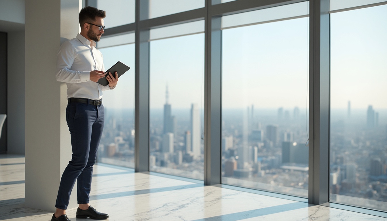 Prompt: Modern interior designer, standing, confident posture, stylish glasses, short hair, minimal makeup, fitted white shirt, dark blue tailored pants, black leather shoes, holding a tablet, gesturing to a 3D model, sleek modern skyscraper, cityscape background, floor-to-ceiling windows, panoramic view, soft natural light, elegant composition, minimalist decor, marble floors, metallic accents, ambient lighting, morning sunlight.