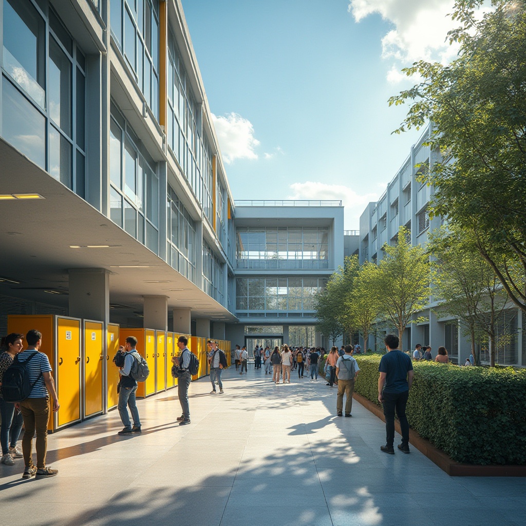 Prompt: Modern high school building, glass facade, steel structure, natural light pouring in, open courtyard, greenery, vibrant colors, lockers, hallways, classrooms, smartboards, students chatting, laughing, solo portraits, group shots, teacher guiding, learning atmosphere, afternoon sunlight, soft shadows, 3/4 composition, panoramic view.