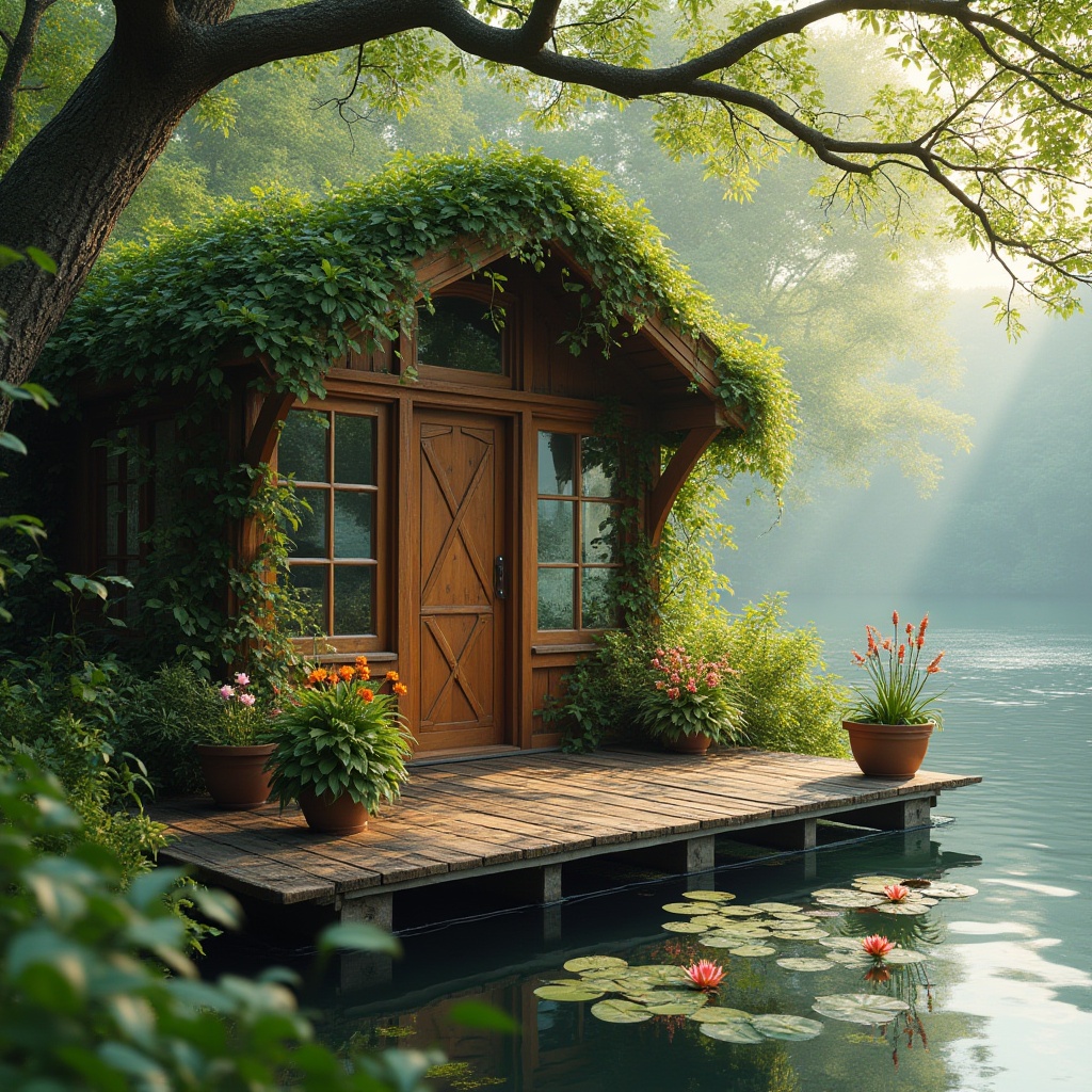 Prompt: Waterfront boathouse, harmonious integration with nature, lush greenery surroundings, wooden deck, glass windows, rustic wooden door, vines crawling up walls, blooming flowers in pots, overhanging trees providing shade, gentle lake waves, misty morning atmosphere, warm sunlight filtering through leaves, soft focus on water lilies, 3/4 composition, symmetrical balance, natural materials, earth tones, cozy ambiance, tranquil retreat.