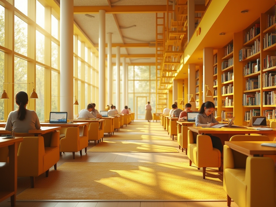 Prompt: Yellow accented modern library, bright and airy interior, large windows with yellow frames, warm yellow light pouring in, rows of bookshelves with yellow ladder, comfortable yellow cushioned chairs, yellow rugs on wooden floor, minimalist yellow desk lamps, students studying with laptops open, reading books with yellow bookmarks, peaceful atmosphere, soft natural lighting, shallow depth of field, 3/4 composition, warm color tone, inviting ambiance.