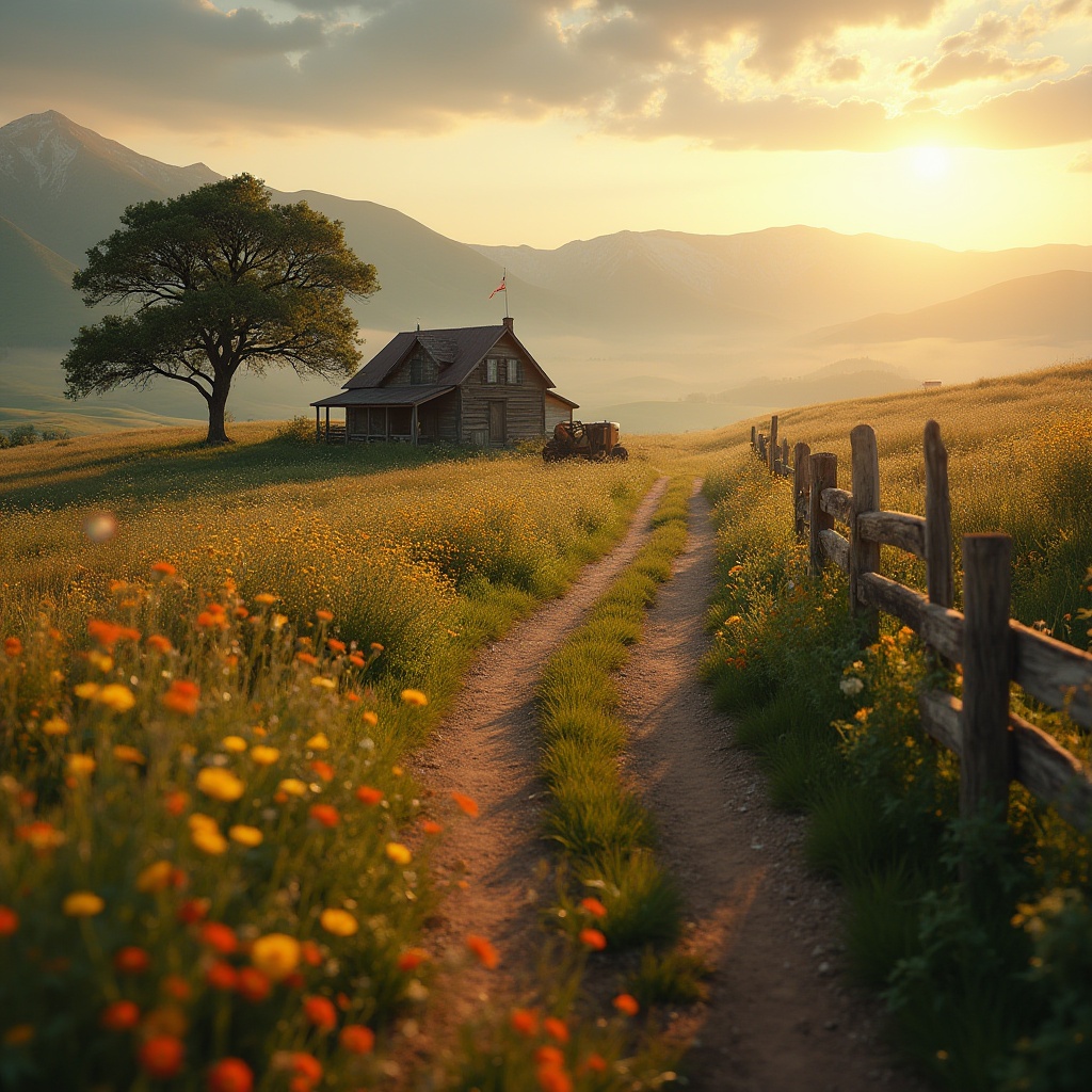 Prompt: Rolling hills, rustic countryside, solitary farmhouse, vintage tractor, old oak tree, wildflowers blooming in vibrant colors, winding dirt road, wooden fence, afternoon golden hour, soft warm lighting, cinematic composition, shallow depth of field, lens flare, 3/4 shot, atmospheric mist, serene ambiance, peaceful atmosphere.