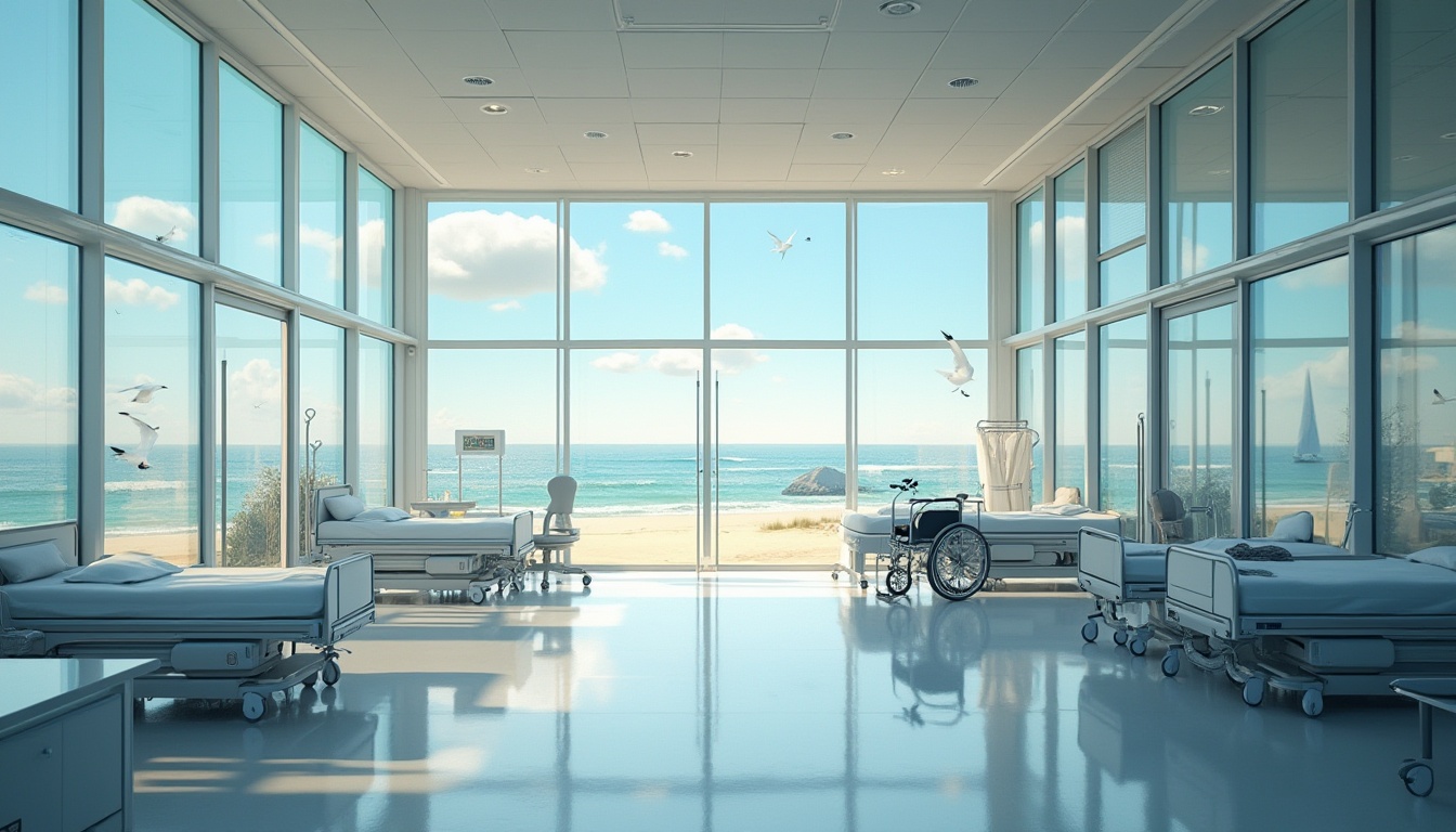 Prompt: Coastal healthcare center, modern architecture, glass walls, steel frames, ocean views, large windows, natural light, calm atmosphere, medical equipment, hospital beds, doctor's desk, stethoscope, nurse's station, wheelchairs, crutches, beach scenery, seagulls flying, sailboats in the distance, blue sky with white clouds, gentle sea breeze, warm sunlight, 3/4 composition, panoramic view, soft focus on the background.