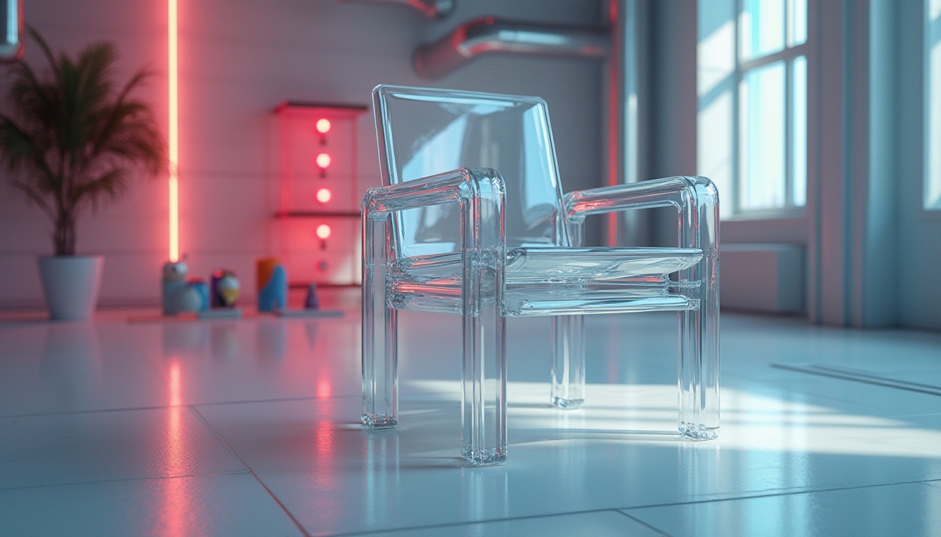 Prompt: Modern design, plastic material, transparent acrylic chair, sleek minimalist background, LED lighting, futuristic atmosphere, reflective floor, urban loft setting, industrial pipes exposed, metallic accents, ergonomic desk, colorful plastic containers, geometric shapes, 3D printed decorative objects, close-up shot, high-key lighting, shallow depth of field.