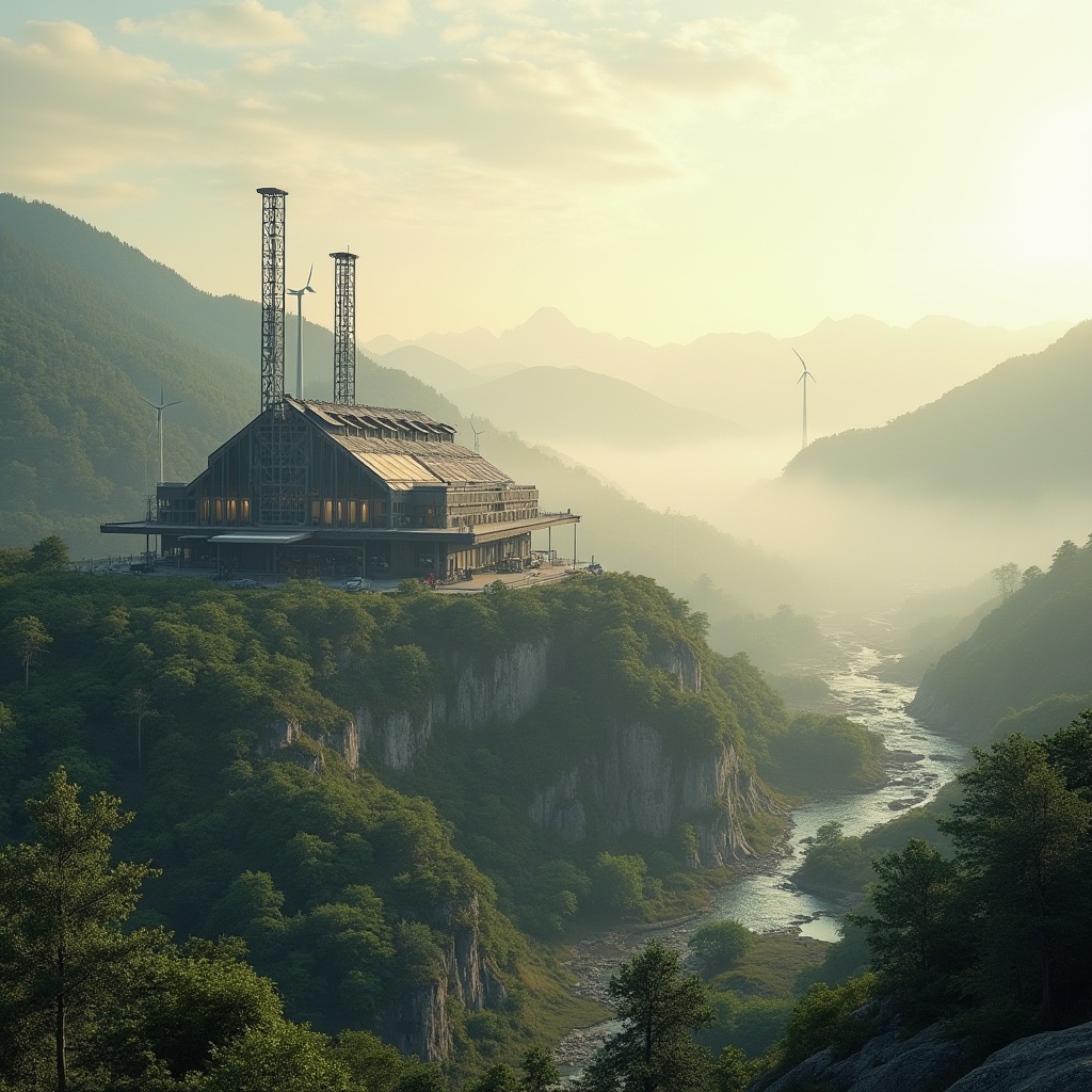 Prompt: Mountainous energy plant, light yellow tone, industrial architecture, metallic materials, steel beams, angular structure, large windows, solar panels, wind turbines, misty atmosphere, morning fog, soft ambient lighting, 3/4 composition, panoramic view, distant mountains, lush greenery, rocks, trees, winding roads, serene backdrop, natural textures, weathered wood accents, subtle color contrast.