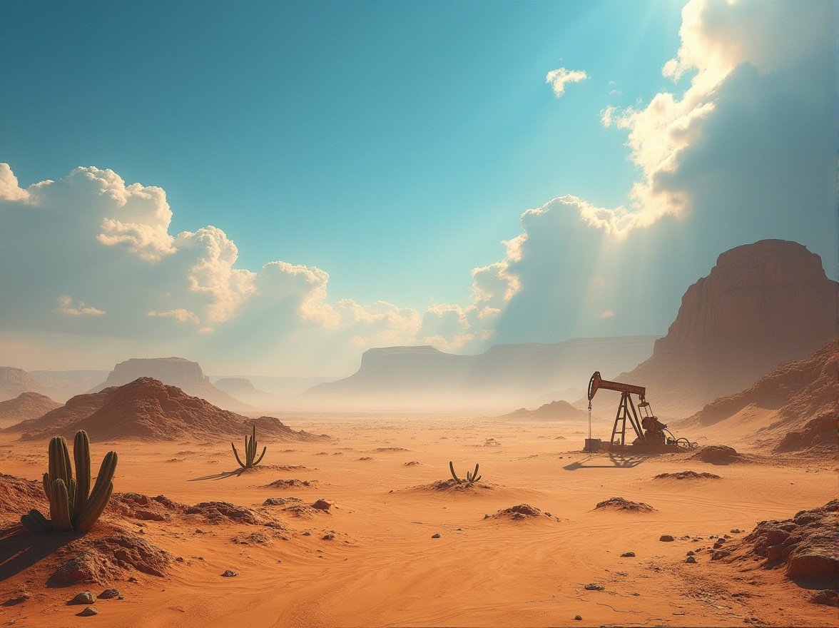 Prompt: Desert environment, sandy dunes, vast endless landscape, clear blue sky, intense sunlight, harsh shadows, rocky outcrops, cacti scattered, abandoned oil rigs, old rusty cars, cracked earth, sandstorms brewing, dramatic clouds gathering, warm golden lighting, cinematic composition, low-angle shot, heroic pose.