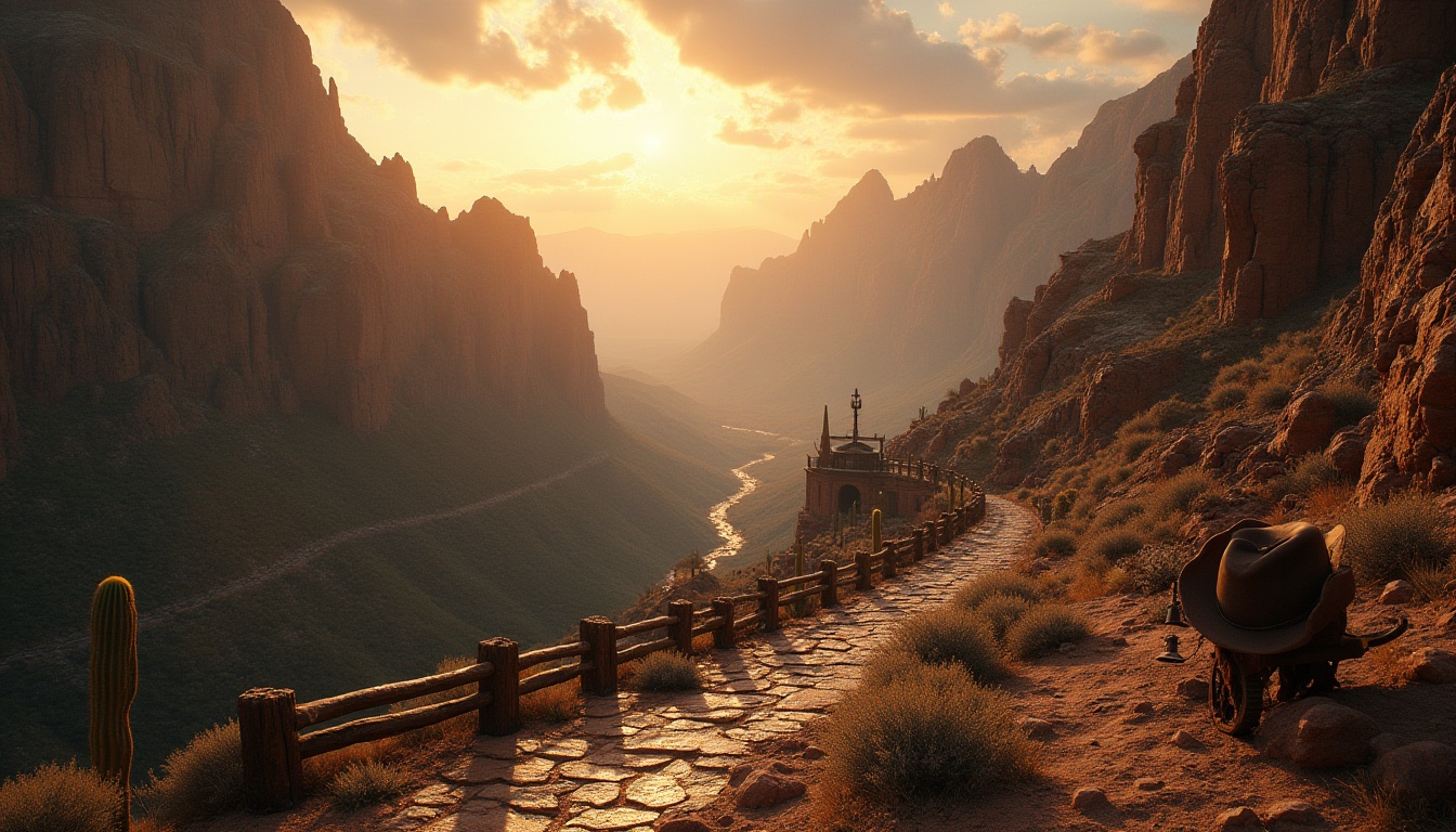 Prompt: Canyon-inspired atmosphere, majestic landscape, rocky cliffs, deep valley, vast desert sky, warm golden light, soft mist, distant stormy clouds, cacti scattered along the terrain, winding stone path, wooden railings, old lanterns, abandoned mine shaft, rusty metal machinery, worn leather saddle, vintage cowboy hat, dramatic composition, high contrast, cinematic mood, 3/4 shot, atmospheric perspective, warm color tone.