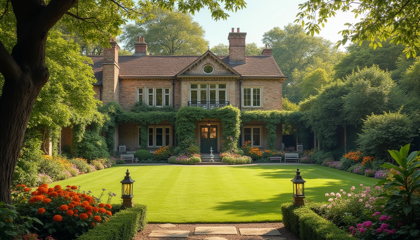 Prompt: Classic home, luxurious garden, vibrant flowers, trimmed hedges, lush green lawn, ornate fountain, stone walkway, lantern posts, blooming trees, ivy-covered walls, wooden benches, symmetrical composition, soft sunlight filtering through leaves, warm afternoon ambiance, English countryside, rustic charm, natural textures, earthy tones, serene atmosphere.