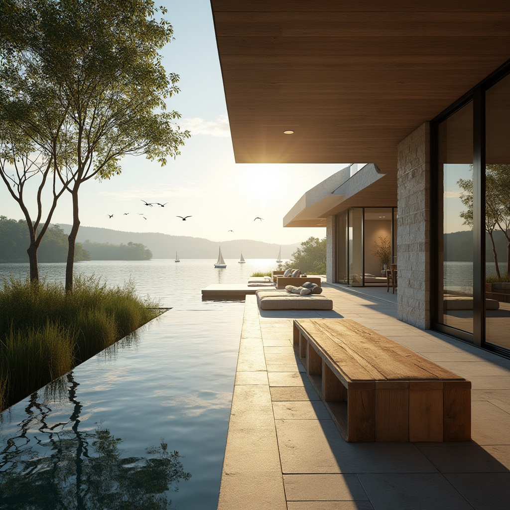 Prompt: Lakefront modern villa, incorporating La Crete material, luxury interior design, minimalist decor, floor-to-ceiling windows, sliding glass doors, panoramic view of serene lake, surrounding lush greenery, natural stone walls, wooden accents, sleek lines, ambient lighting, afternoon sunbeams, reflections on calm water surface, distant sailboats, seagulls flying overhead, misty atmosphere, 3/4 composition, low-angle shot, cinematic feel, realistic textures.