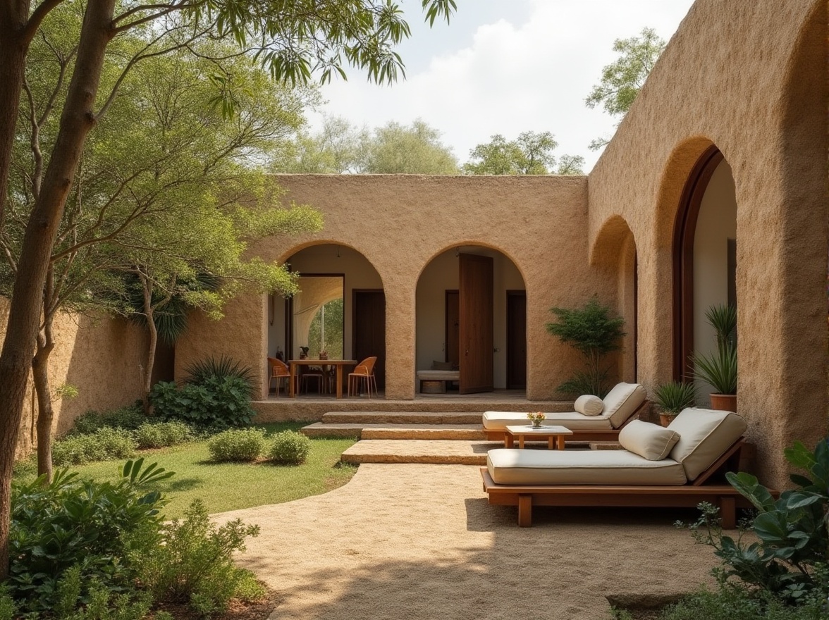 Prompt: Rammed earth material, sustainable design, natural texture, earthy tone, modern architecture, villa, residential area, greenery surroundings, large windows, natural lighting, 3/4 composition, soft focus, shallow depth of field, warm ambient light, cinematic mood, environmental friendly, eco-friendly, organic shape, curved lines, rustic atmosphere.