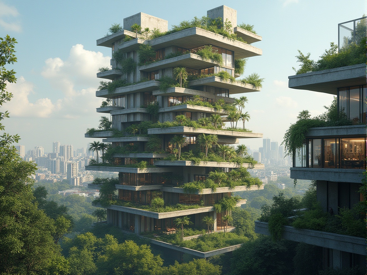 Prompt: Brutalist skyscraper, sustainability, eco-friendly, green architecture, urban jungle, cityscape, concrete structure, geometric shapes, industrial materials, steel beams, minimalist interior, natural light, vertical gardens, living walls, green roofs, solar panels, wind turbines, recycled materials, rainwater harvesting system, grey water reuse, composting toilets, energy-efficient systems, double glazing, thermal mass, urban agriculture, rooftop garden, panoramic city view, 3/4 composition, dramatic lighting, cinematic mood.