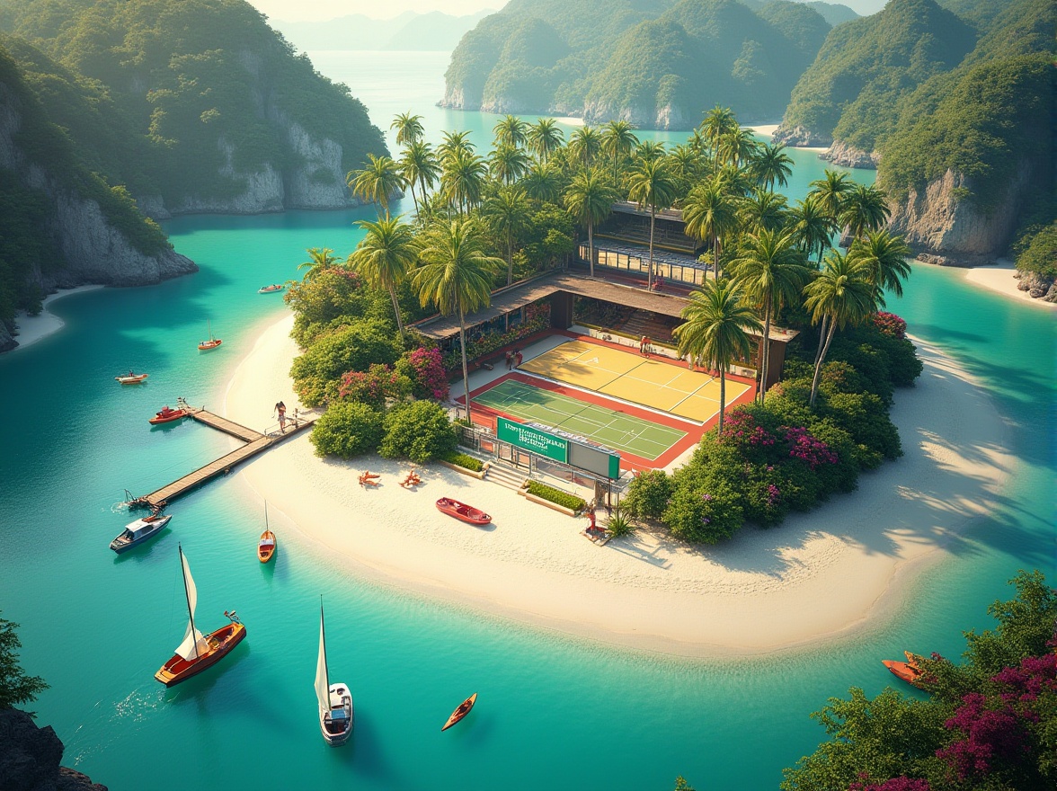 Prompt: Inspiring island, gymnasium setting, vibrant tropical plants, palm trees, colorful flowers, clear turquoise water, white sandy beach, wooden pier, sailboats, kayaks, fitness equipment scattered around, motivational quotes on walls, basketball court, tennis court, athletic track, stadium seating, Olympic torch, sunshine, warm ambient lighting, soft focus, 3/4 composition, panoramic view, aerial shot.