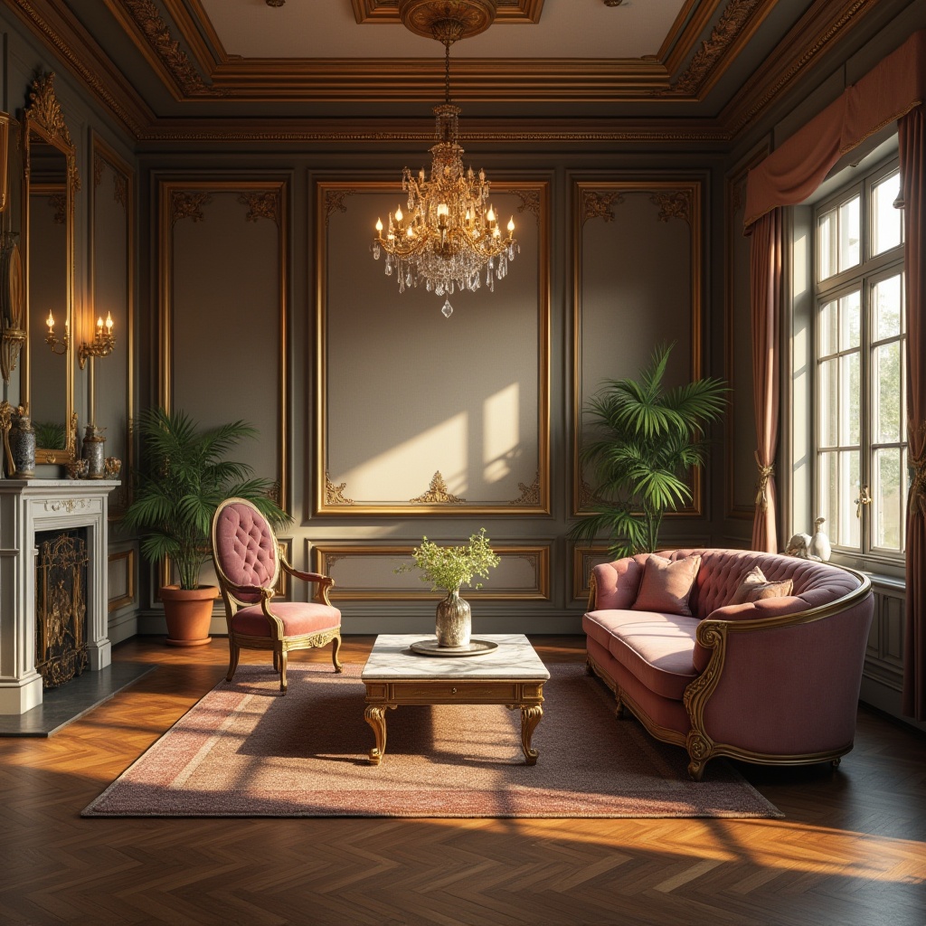 Prompt: Classic spaces, luxurious interior, wooden floor, velvet sofa, golden frame, marble coffee table, intricate carved armchair, crystal chandelier, soft warm lighting, 3/4 composition, elegant atmosphere, rich textures, ornate decorations, comfortable seating area, calm ambiance, afternoon sunlight, subtle shadows.