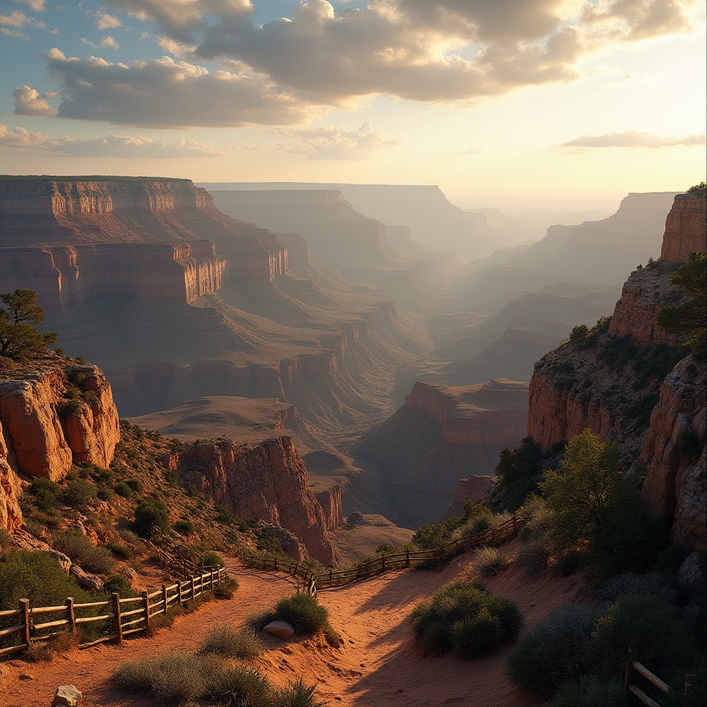 Prompt: Grand canyon, majestic landscape, warm golden light, vast open space, layered rock formations, rugged terrain, scenic overlook, winding trails, rustic wooden fences, dramatic skies, few wispy clouds, soft mist, atmospheric perspective, cinematic composition, 3/4 view, wide-angle lens.