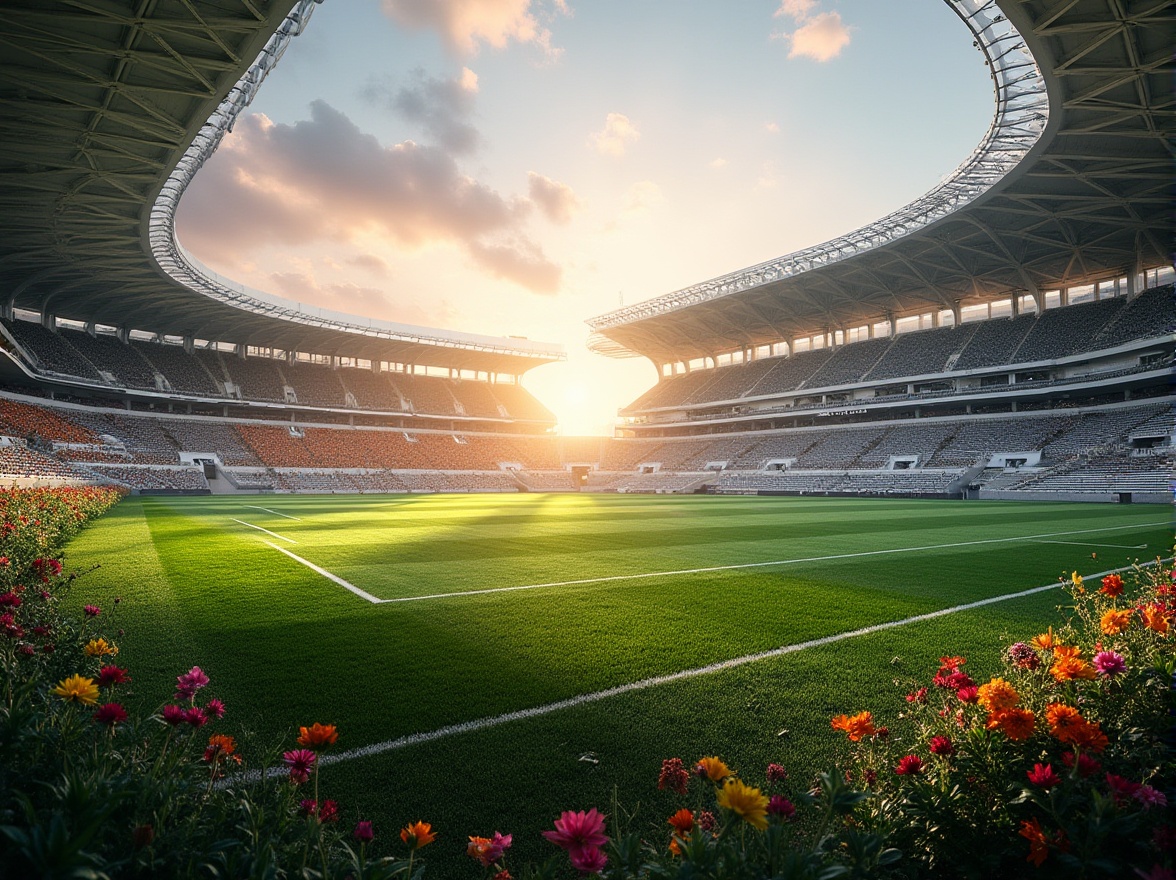 Prompt: Stadium landscape, athletic field, green grass, vibrant flowers, curved lines, modern architecture, sleek metal beams, angular roof, massive pillars, grand entrance, majestic staircases, VIP lounge, panoramic view, 3/4 composition, natural light, dramatic shadows, realistic texture, sunset ambiance, dynamic atmosphere.