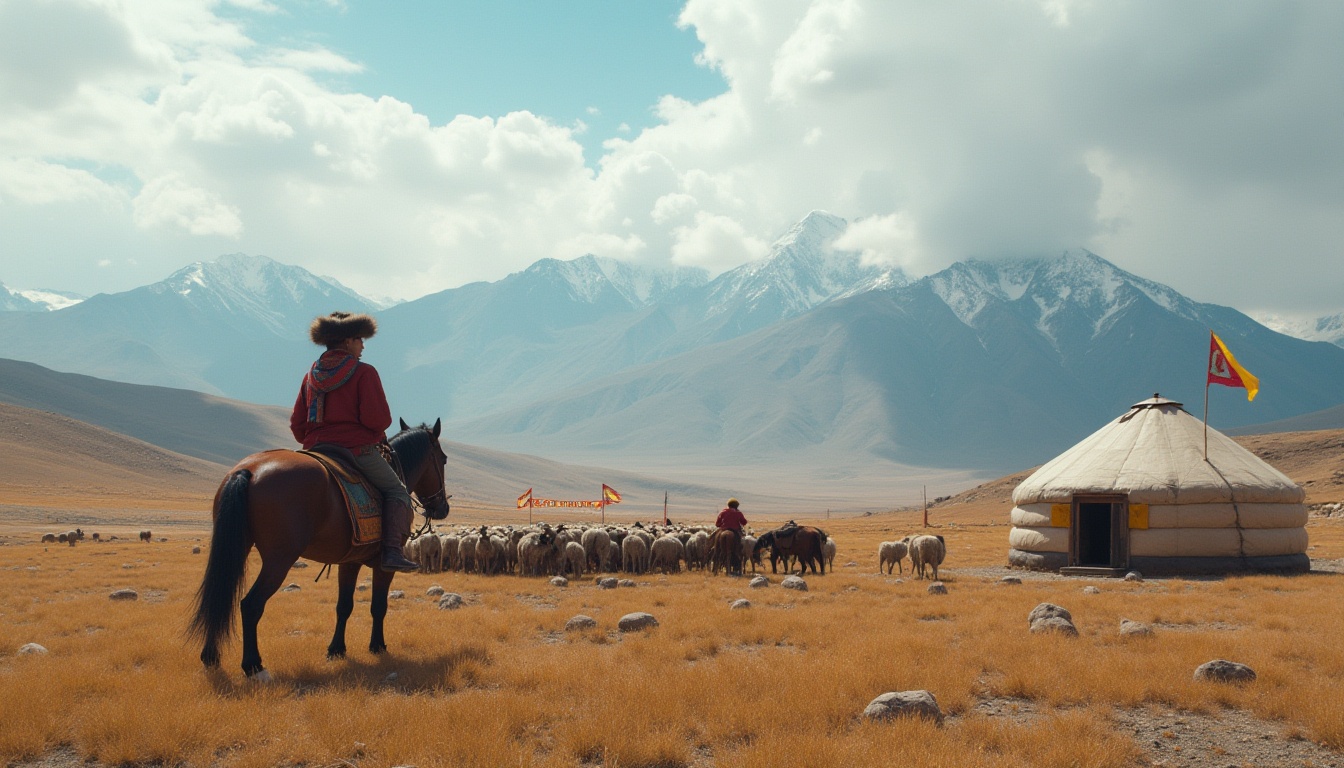 Prompt: High-altitude plateau landscape, vast open space, rolling hills, scattered Tibetan prayer flags, traditional Mongolian yurt, nomadic tribe people, warm clothing, fur-lined hat, bright colored scarf, worn leather boots, horse riding, herding sheep, majestic snow-capped mountains in the distance, cloudy blue sky, soft warm lighting, cinematic composition, atmospheric perspective.