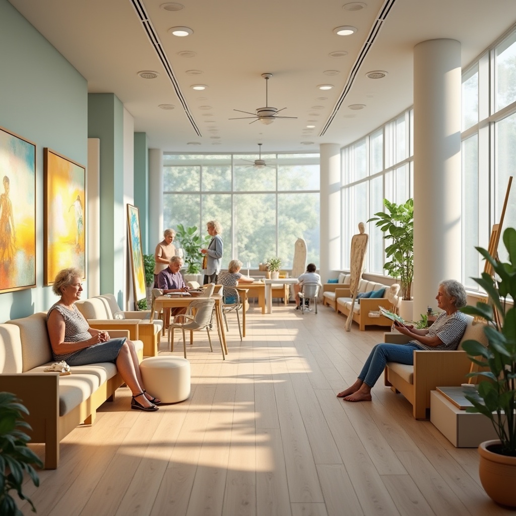 Prompt: Rehabilitation center, modern architecture, large windows, natural light, pastel color scheme, minimalist decor, art therapy room, colorful paintings, sculptures, calming ambiance, plants, wooden floor, comfortable seating area, patients engaging in art activities, gentle facial expressions, casual clothing, relaxed postures, soft background music, warm lighting, 3/4 composition, panoramic view.