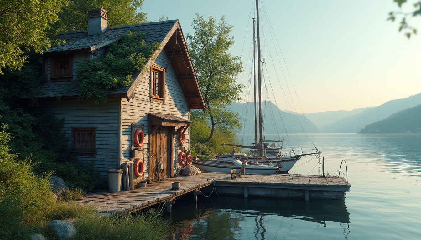 Prompt: Boathouse, gray color, wooden structure, waterfront, lake, river, calm water, sailboats, yachts, dock, ropes, lifebuoys, surrounding trees, lush greenery, vines crawling up the walls, natural material, rustic texture, peaceful atmosphere, warm sunlight, afternoon, soft shadows, 3/4 composition, cinematic lighting.